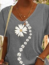 お買い得  フローラルTシャツ-女性用 Tシャツ フラワー カジュアル 半袖 Ｖネック レギュラートップス 日常 プリント グレー 夏