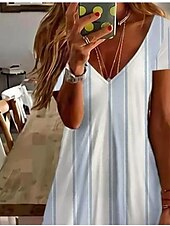 billige Stripete og geometriske kjoler-Dame Mini kjole Uformell kjole Elegant Årgang søt stil Daglig Normal Stripe Kortermet Crew-hals vannblå Sommer