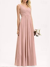 baratos Vestidos para Madrinhas-Linha A Vestido de Madrinha Decote V Sem Manga Elegante Longo Chiffon / Elastano com Pregas / Pregueado / Franzido 2022