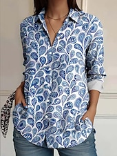 billige Kvinne Boho Topper-Dame Skjorte Paisly Fritid Langermet Skjortekrage Vanlige topper Arbeid Daglig Knapper Trykt mønster Hvit Gul Rosa Blå Oransje Vår Høst Vinter