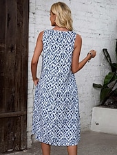 ieftine Rochii boho-Pentru femei Rochii Midi Rochie A line Rochie de vară Casual Vacanță Fit regulat Grafic Geometric Fără manșon Stil Nautic Albastru piscină Vară