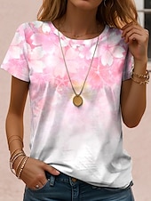cheap Floral tee-Women&#039;s T Shirt Floral Casual Short Sleeve Round Neck Regular Tops Daily Print Pink Summer