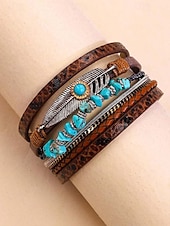 baratos Pulseira Feminina-Pulseira magnética de couro boho e turquesa - design ajustável em várias camadas com penas e pedras preciosas, perfeita para estilos casuais, de verão e festivais