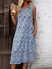 ieftine Rochii boho-Pentru femei Rochii Midi Rochie A line Rochie de vară Casual Vacanță Fit regulat Grafic Geometric Fără manșon Stil Nautic Albastru piscină Vară