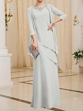 preiswerte Mit Jacke-Zweiteiliges Kleid der Mutter der Braut Elegant Vintage Einfach Juwel-Ausschnitt Bodenlang Chiffon 3/4 Länge Ärmel Jackett Kleider mit Pailletten Beading Kaskadierende Rüschen