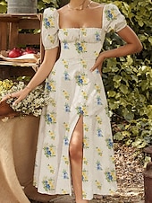 economico Abito Floreale-Per donna Vestito longuette Abito a corsetto Abito linea A Abito da lattaia Abito con maniche a sbuffo Festività Da mare Giornaliero Standard Floreale Manica corta Squadrata Bianco Giallo Rosa Blu