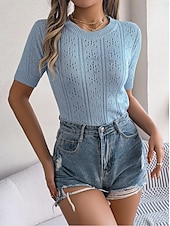 abordables Hauts en dentelle-Femme Pull en maille torsadée Pullover Le style mignon du quotidien mode Couleur unie A côtes Col Ras du Cou Ouvert Tricoté Manches à volants Manches courtes Hauts réguliers Tricoter Intérieur Soirée