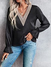 cheap Women&#039;s Plain Tops-Women&#039;s Shirt Blouse Solid Color Stylish Casual Long Sleeve V Neck Regular Tops Daily Lace Patchwork Black Green Summer Spring