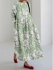 abordables Robes fleuries-Robe maxi féminine robe décontractée vacances coupe ample graphique floral lin-like manches 3/4 col rond bleu violet clair vert beige printemps automne hiver