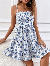 ieftine Rochii casual florale-Pentru femei Rochie Mini Rochie casual Rochie florala Rochie de vară Rochie Slip Modă În aer liber Concediu Dată Fit regulat Ditsy Floral Fără manșon Bretele Spagheti Albastru piscină Vară Primăvară