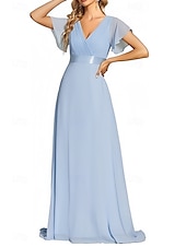baratos Vestidos para Madrinhas-vestido de dama de honra linha a decote em v manga curta elegante comprimento até o chão chiffon com faixa / fita / franzido 2025