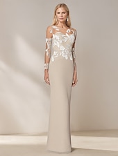 cheap Floor Length-Mermaid / Trumpet Mother of the Bride Dress Elegant Simple Boat Neck Floral Embroidered Lace Floor Length Chiffon Long Sleeve with Crystal Belt 2025