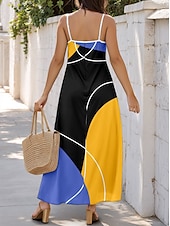 ieftine Rochii cu dungi și geometrice-Pentru femei Rochie Maxi Rochie casual Rochie de Vară Rochie A line Rochie de vară Casual Fluid Vacanță Casual Zilnic Fit regulat Grafic Geometric Bloc Culoare Fără manșon În V Galben Vară Primăvară