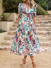 tanie Sukienka Sztuka i Design-Sukienka midi dla kobiet gorsetowa sukienka sukienka w kształcie litery A wakacyjna casual codzienna wakacyjna regularna z grafiką krótki rękaw dekolt w serek czarna jasna zieleń czerwona niebieska