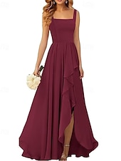 baratos Vestidos para Madrinhas-Linha A Vestido de Madrinha Correias / Decote Quadrado Sem Manga Elegante Longo Chiffon / Elastano com Pregas / Fru-Fru / Pregueado 2022