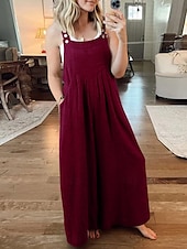 abordables combinaisons décontractées-Femme Normal Salopette Actif Couleur unie Sans Manches Col Rond Boutons Poche Vacances du quotidien Standard Jaune Vin Abricot Eté