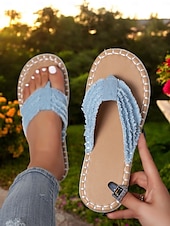 preiswerte Urlaubsandalen-blaue Flip-Flops mit ausgefransten Riemen für Damen – bequeme, lässige Strandsandalen mit Espadrille-Sohle – perfekt für den Sommerurlaub