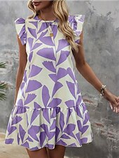 economico Abiti floreali-Per donna Mini abito Vestito a trapezio Abito con balze Festività Informale Giornaliero Per eventi Standard Pop art Manica corta Girocollo Viola Cachi Estate