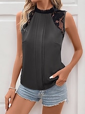 cheap Tank Tops &amp; Camis-Women&#039;s Camisole Tank Top Solid Color Casual Sleeveless Turtleneck Regular Tops Daily Lace Patchwork Navy Blue Green Gray Summer