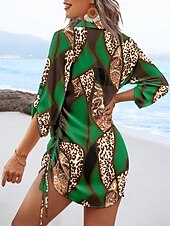 billige Ferie kjoler-Dame Mini kjole Sexy kjole Elegant kjole Elegant Normal Leopard Geometrisk Langermet V-hals Gul Rød Blå Grønn Høst