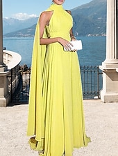 economico GIALLO-Abito da sera A-Line abito elegante da matrimonio formale lungo pavimento senza maniche colletto alto con mantelline in chiffon arricciato