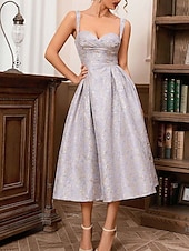 voordelige Cocktailjurken-Brocade A-Lijn Cocktailjurken Feestjurk Bruiloft Bruiloft Gast Thee Lengte Mouwloos Vierkante Hals Polyester met Bloemen Jurken Bruiloft Gast Jurk