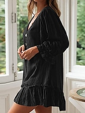 preiswerte Kleider-Damen Minikleid Leinen-inspirierte Kleider Freizeitkleid Baumwoll-Leinenkleid Stilvoll Lässig Urlaub Täglich Date Normale Passform Einfach Langarm V Ausschnitt Schwarz Beige Leicht Blau Sommer