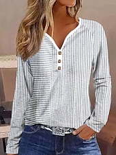 baratos Camiseta listrada e geométrica-Mulheres Camiseta Listrado Casual Manga Longa Pescoço Entalhado Tops regulares Diário Imprimir Cinzento Primavera Outono