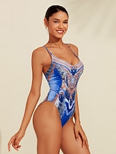 baratos trajes de banho de grife-Maiô de férias com estampa de leopardo e penas, tecido elástico de alta elasticidade e amarração nas costas.