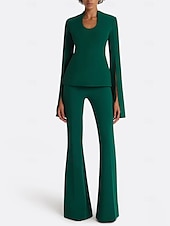 economico Tailleur pantalone della mamma-Completo in due pezzi tuta  completo pantaloni madre della sposa elegante scollo a gioiello lunghezza pavimento in tessuto elasticizzato maniche corte con colore solido