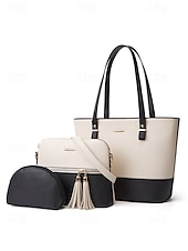 economico Borsette e borse tote-elegante set di borse da donna bicolore patchwork con decorazione a nappe - borsa a mano, borsa a tracolla e borsa piccola - perfette per il tempo libero quotidiano, per andare al lavoro