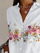 preiswerte Blumenoberteile-Damenhemd Langarm Button-Down-Bluse Florales Grafik Alltag Stylisch Retro Vintage 3/4-Ärmel Hemdkragen Reguliäre Tops Tagesurlaub Ausgehen Knöpfe Weiß Sommer Frühling