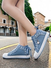 abordables Baskets femme-baskets montantes en toile à pois pour femmes – chaussures décontractées en denim à lacets avec charme floral, streetwear élégant pour un usage quotidien et en voyage