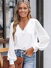 preiswerte Spitzenoberteile-Damen Elegante Oberteile Elegant Langarm V Ausschnitt Normale Oberteile Schwarz Weiß Sommer Frühling