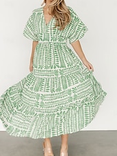 olcso Alkalmi virágos ruhák-Női Midi ruha hétköznapi ruha Boho elegáns ruhák Boho ruha Csehország Szüret Stílusos Vakáció Hétköznapi Napi Normál Csík Rövid ujjú V-alakú Fekete Világoszöld Világoskék Nyár Tavasz