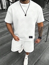 abordables Conjuntos de camisetas de hombre-Hombre Jacquard Tracksuit Camiseta y pantalones cortos Conjunto Conjunto de atuendo Cuello Barco Exterior Diario Deportes Bolsillo Correa 2 Piezas Plano Negro Blanco Verde Claro Poliéster Ropa de