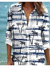 preiswerte Hawaiikleid-Damen Mini Kleid Hemd Kleid Grafisch Elegant Tropisch Stylisch Langarm Hemdkragen Lang Knöpfe Druck Weiß Sommer Frühling