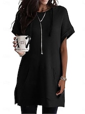 cheap T shirt Dresses-Women&#039;s Mini Dress Hoodie Dress Casual Dress Basic Casual Vacation Daily Regular Fit Plain Half Sleeve Hooded Black White Blue Fuchsia Summer