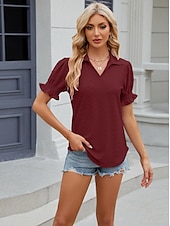 cheap Lace Tops-Women&#039;s Boho T-shirt Plain Bohemia Cute Stylish Short Sleeve Puff Sleeve V Neck Shirt Collar Regular Tops Daily Going out Weekend Ruffle Eyelet Sage Green Black White Pink Wine Summer