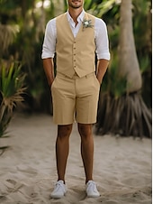 cheap Wedding Suits-Men&#039;s Wedding Linen Suits Vest Shorts Groomsmen Suits Beige Fashion Casual Summer Solid Colored Standard Fit 2 Piece