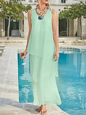 economico Lunghezza del pavimento-Matrimonio in Spiaggia Abito Madre della Sposa Linea A Ospite di Matrimonio Elegante Semplice Collo a V Lunghezza Caviglia Chiffon Senza Maniche con Strati Colore Solido 2025 misura personalizzata