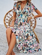 preiswerte Blumenkleid-Damen Midi Kleid Korsett Kleid A-Linien Kleid Sommer Kleid Urlaub Urlaub Täglicher Regular Fit Floral Kurzarm V-Ausschnitt Rot Marineblau Grün Aprikose Sommer
