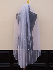 abordables Voiles de mariée-Voile de mariage contemporain  stylé à un niveau voiles jusqu&#039;au coude avec tulle à perles synthétiques