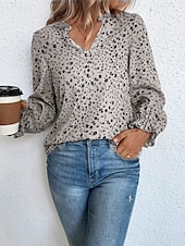 billige Kvinne Grafiske Topper-Dame Skjorte Bluse Blomstret Stilfull Fritid Langermet V-hals Vanlige topper Daglig Trykt mønster Vin Grønn Beige Sommer Vår