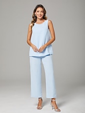 voordelige Broekpakken van mama-Jumpsuit  Pantsuit Moeder van de Bruid  Bruiloft Gast Elegante Plus Size Bateau Hals Vloerlengte Chiffon Mouwloos Wrap Inclusief met Effen Kleur 2025