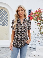 billige Kvinne Enkle Topper-Dame Boho T-skjorte Grafisk عادي Bohem søt stil Stilfull Kortermet Puffermer V-hals Vanlige topper Daglig Ut på byen Helg Trykt mønster Grå og Hvit Svart+Hvit+Grå Svart Lysegrønn Vin Sommer