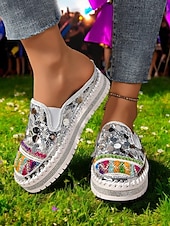 levne Pohodlné sandály-dámské zlaté flitrové tenisky na platformě mules – třpytivé slip-on boty s vyšívanými detaily pro festivaly, párty a street fashion