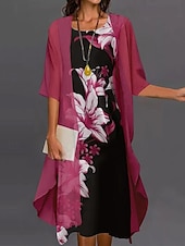 abordables Ensembles de robes-Femme Mode Vêtement de rue Jupe Ensembles Manches 3/4 Cloche Col Ras du Cou Floral Imprimer Usage quotidien Rendez-vous Rouge Bleu Violet Printemps Standard