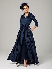 cheap Mom&#039;s Jumpsuits-Jumpsuit / Pantsuit Mother of the Bride  Elegant Party Simple Shirt Collar Ankle Length Satin 3/4 Length Sleeve with Bow(s)