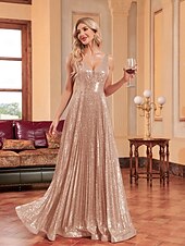 preiswerte Ballkleid-A-Linie Ballkleider Partykleid Abendparty Cocktailparty bodenlang ärmellos tiefer Ausschnitt Polyester mit Glitzer Kniefalten 2025